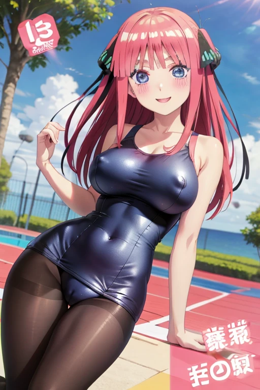 best quality, ultra-detailed masterpiece, anime art style, cute characters, nino nakano, one-piece swimsuit, large breasts, pantyhose, blush, smile, nipple