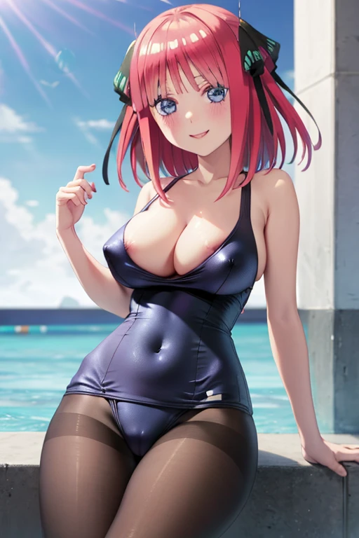 best quality, ultra-detailed masterpiece, anime art style, cute characters, nino nakano, one-piece swimsuit, large breasts, pantyhose, blush, smile, nipple