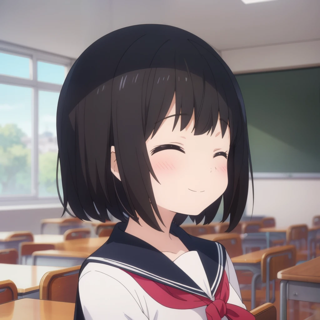 high quality, masterpiece. girl. . short hair. dark hair. closed eyes. smile. against the backdrop of a school classroom. window to tree and city.