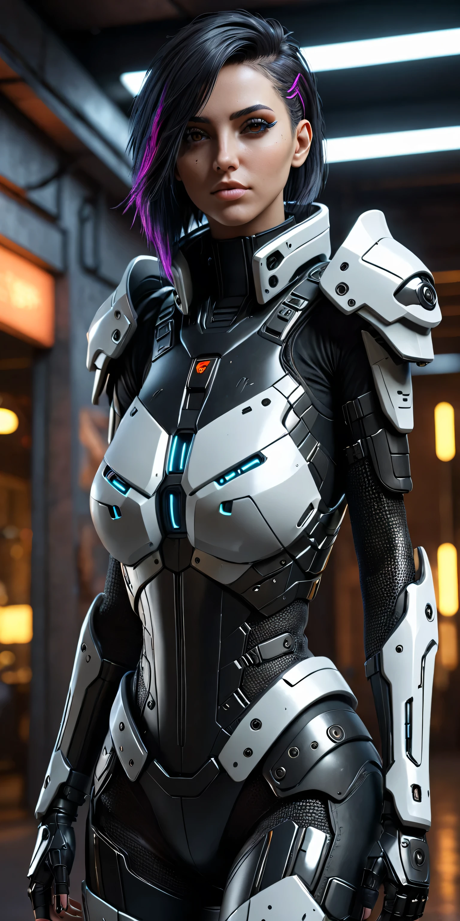 ((Best quality)), ((masterpiece)), (detailed:1.4), 3D, an image of a beautiful cyberpunk female with all black armour,HDR (High Dynamic Range),Ray Tracing,NVIDIA RTX,Super-Resolution,Unreal 5,Subsurface scattering,PBR Texturing,Post-processing,Anisotropic Filtering,Depth-of-field,Maximum clarity and sharpness,Multi-layered textures,Albedo and Specular maps,Surface shading,Accurate simulation of light-material interaction,Perfect proportions,Octane Render,Two-tone lighting,Wide aperture,Low ISO,White balance,Rule of thirds,8K RAW
