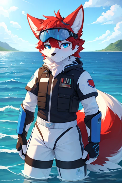 ((best quality, Masterpiece, perfect anatomy, Detailed pictures)), 1 man, arctic protogen, arctic white wolf, Long visor, blue visor, blue eyes, red hair, Big Pong, Future military clothing, fluffy tail, red red, shy, in the sea, front view
