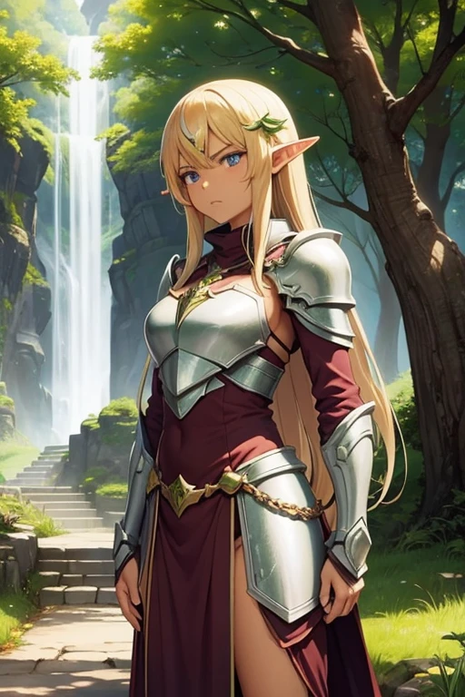 Tan skin, elf, sacred armor, glaring at viewer, Yggdrasil guardian, yggdrasil in the distance, background,