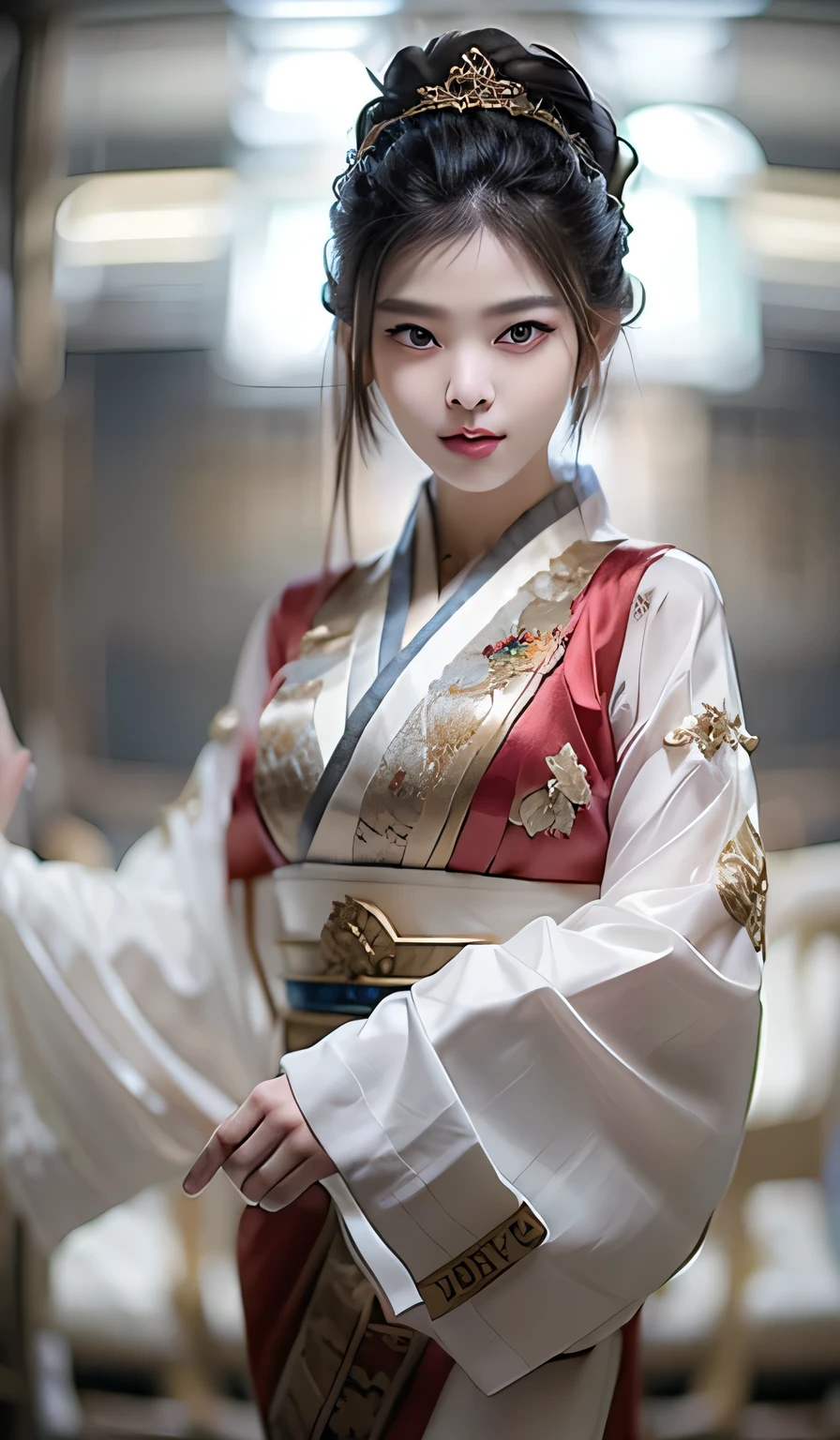 top-quality、masterpiece、hight resolution、Wuxi 1girl、Gold cheongsam、((Super beautiful face))、Super beautiful eyes、Super beautiful hair、cleavage of the breast、exposed breast、Sexy cleavage、very highly detailed breasts、(((fullbody shot))),