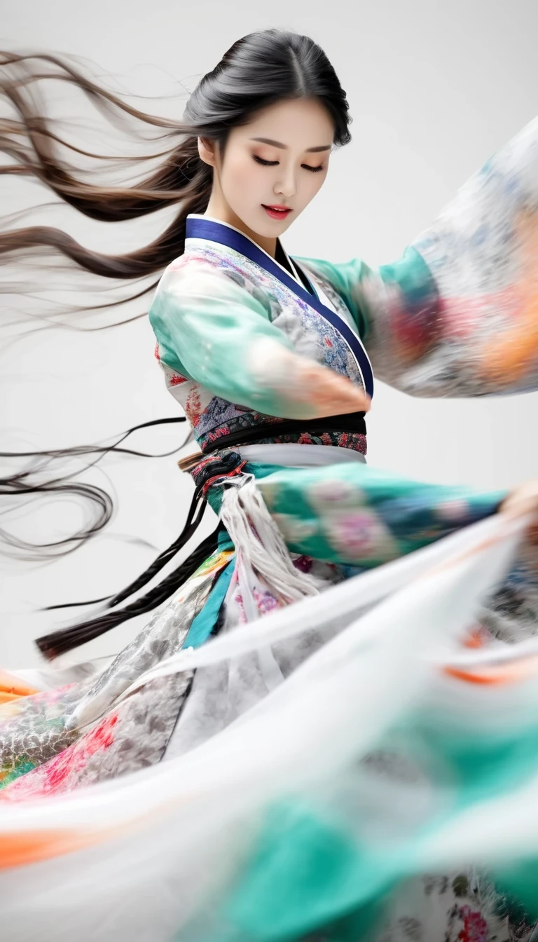 Motion blur, black and white close up, white background, a woman in an intricate and colorful hanbok dress, spinning frantically, translucent stinging air particles on the hem of the dress, professional fashion photography, super macro, unusually rich and super detailed texture of long wavy hair, poster style, minimalist ::1, tilt shift of hands and face, Nikon, Hasselblad, Canon, Fuji, 16K
