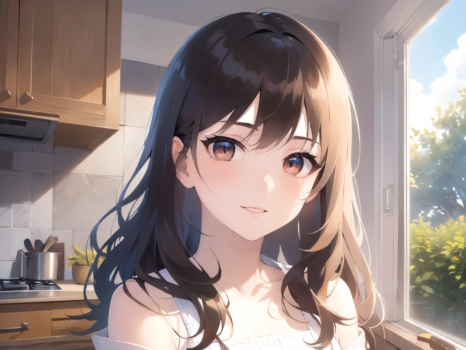 Upper Body, Realistic, real person, (pale skin: 1.2), RAW photo, photorealistic, portrait photography, shiny skin, shiny hair、(25 year old woman with medium hair with bangs) and (wavy hair) and (brown hair) and (orange eyes), (white) and (Off-the-shoulder blouse)skirt、smile, The background is the kitchen、Alone、