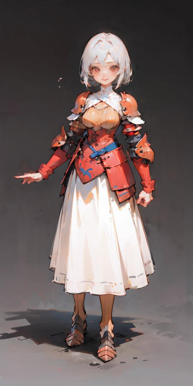 (gray background)(masterpiece) ultra-detailed solo 1girl hands on sides medium breasts, (full body standing), RED EYES detailed eyes, full plate armor, confident smile, staring at the viewer, silver white hair, short bob style hair