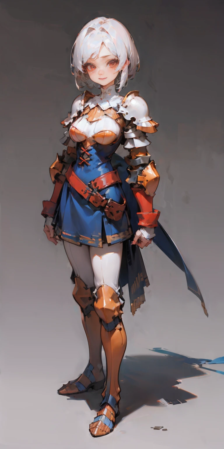 (gray background)(masterpiece) ultra-detailed solo 1girl hands on sides medium breasts, (full body standing), RED EYES detailed eyes, full plate armor, confident smile, staring at the viewer, silver white hair, short bob style hair