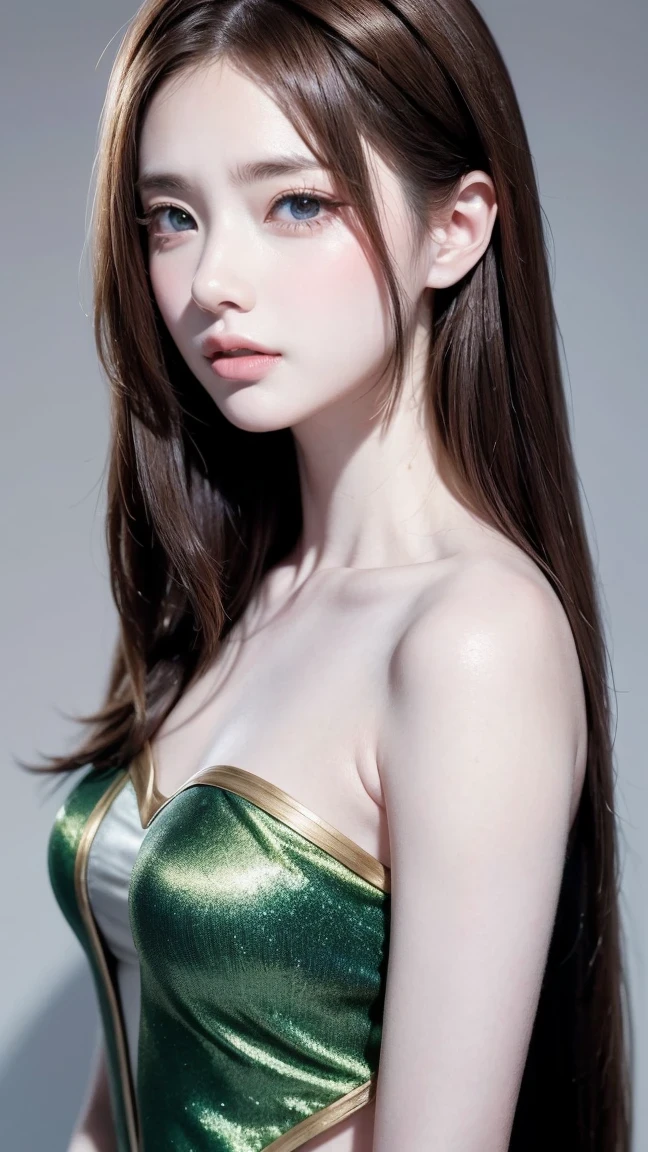 (masterpiece:1.2), (pale skin:1.2), (solo:1.2), (female:1.1), (emphasis lines:1.3), blue eyes, gradient eyes, green eyes, (brunette:1.3), (flower on hair:1.1), bare shoulders, shoulder blades