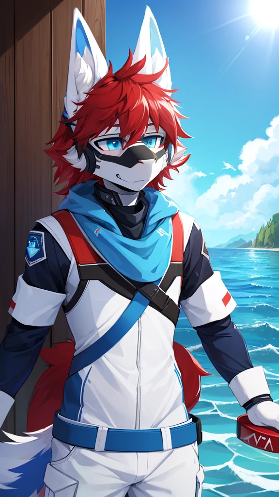 ((best quality, Masterpiece, perfect anatomy, Detailed pictures)), 1 man, arctic protogen,  arctic white wolf, Long visor, blue visor, blue eyes, red hair, Big Pong, Future military clothing, fluffy tail, red red, shy, in the sea, front view