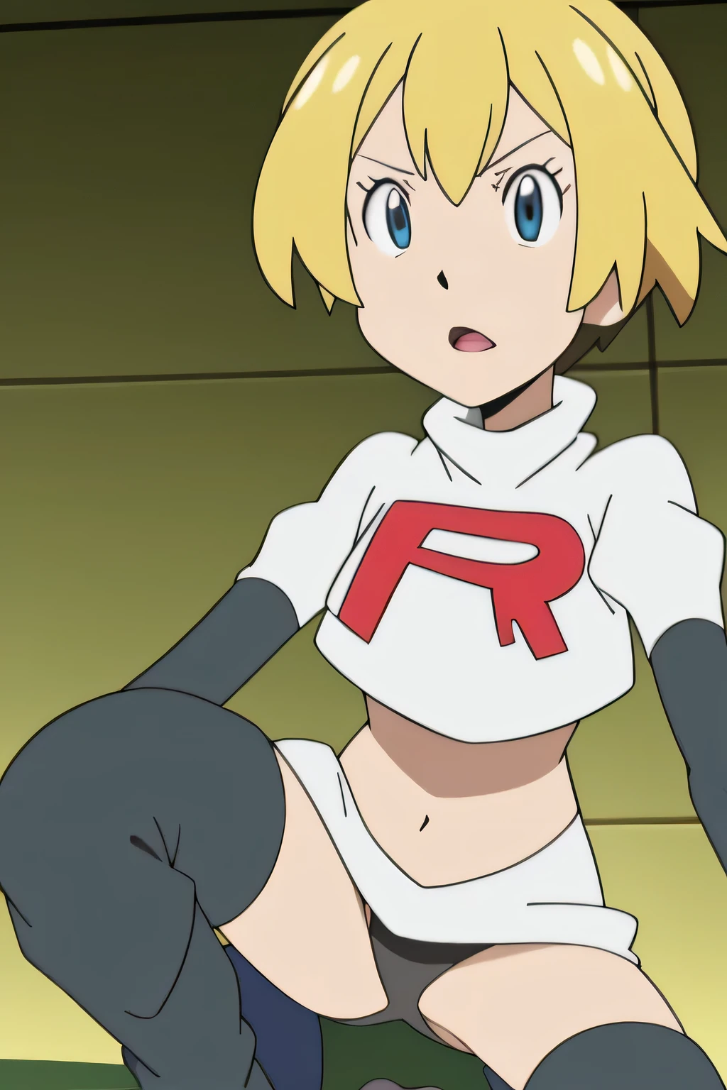 Persona3Aigis ,glossy lips, light makeup ,team rocket,team rocket uniform, red letter R, white skirt,white crop top,black thigh-high boots, black elbow gloves,squatting,black panties