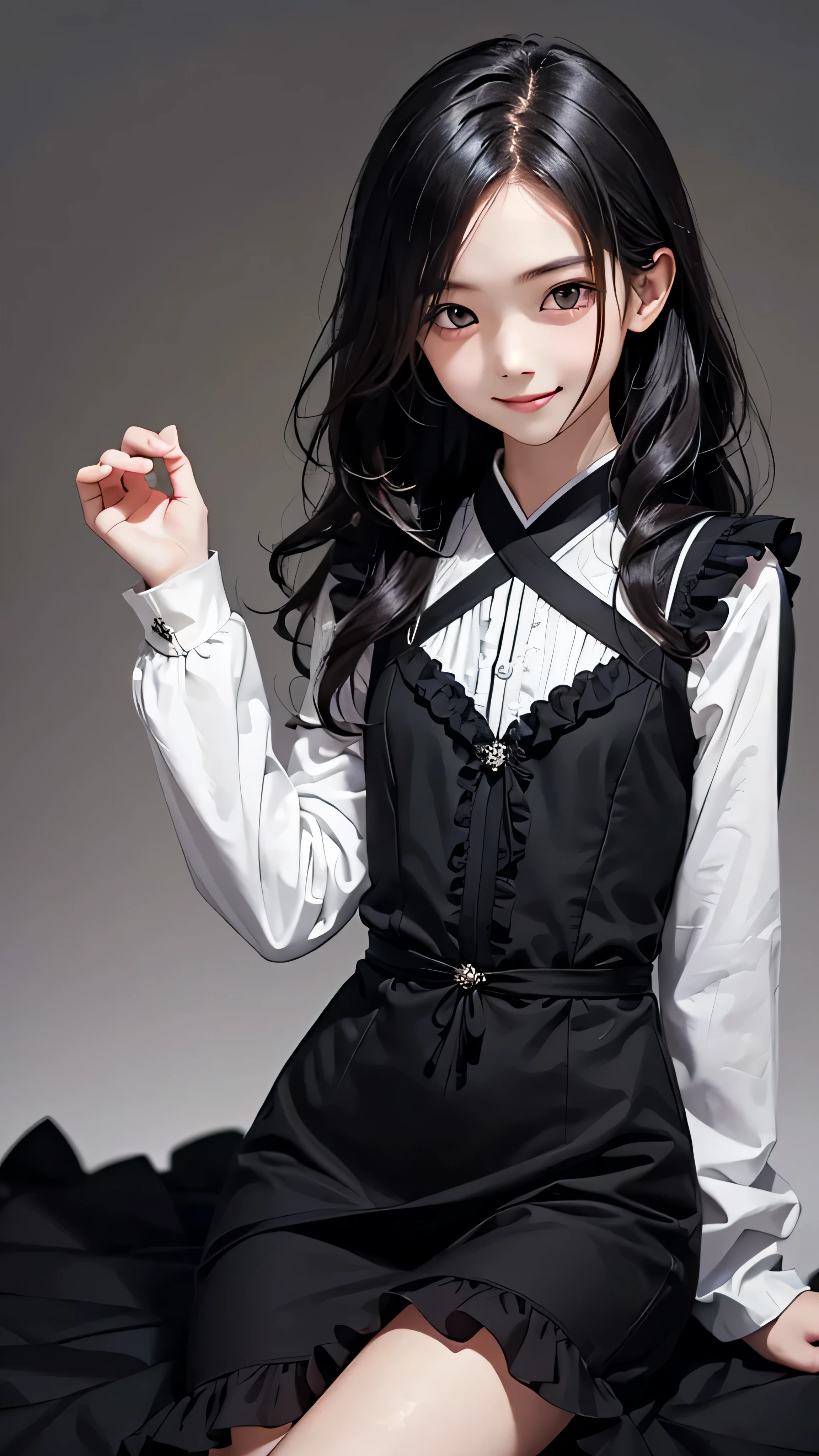 (((Masterpiece))), (High resolution), (1 beautiful Japanese girl), 11 years old, young, sharp eyes, hanging eyes, glaring, evil smile, forehead, flat breasts, (wavy long black hair :1.2), (Long loose black frilly dress:1.2), Long sleeves, no exposed skin, (plain background),