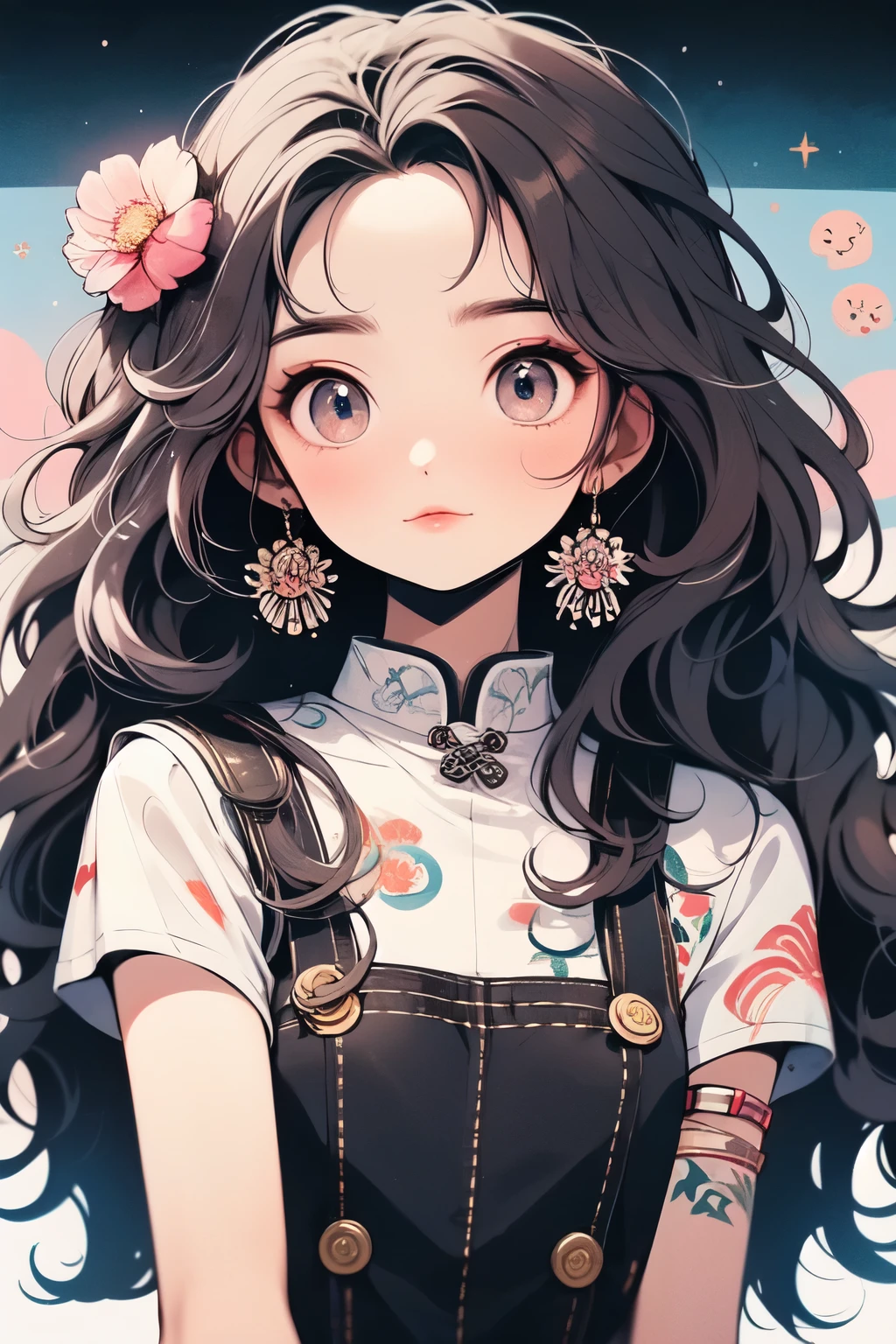 Create a 2D anime-style character girl with cute and sweet features, adorned with a delicate lotus hair ornament,large sparkling eyes, round cheeks, a small delicate mouth, and soft wavy hair. The character should have a chibi-like body with a big head and small body, emphasizing cuteness. The style is thick painting with rich and vibrant colors, high detail, and a laid-back, Buddhist-like personality. The overall mood is relaxed and charming