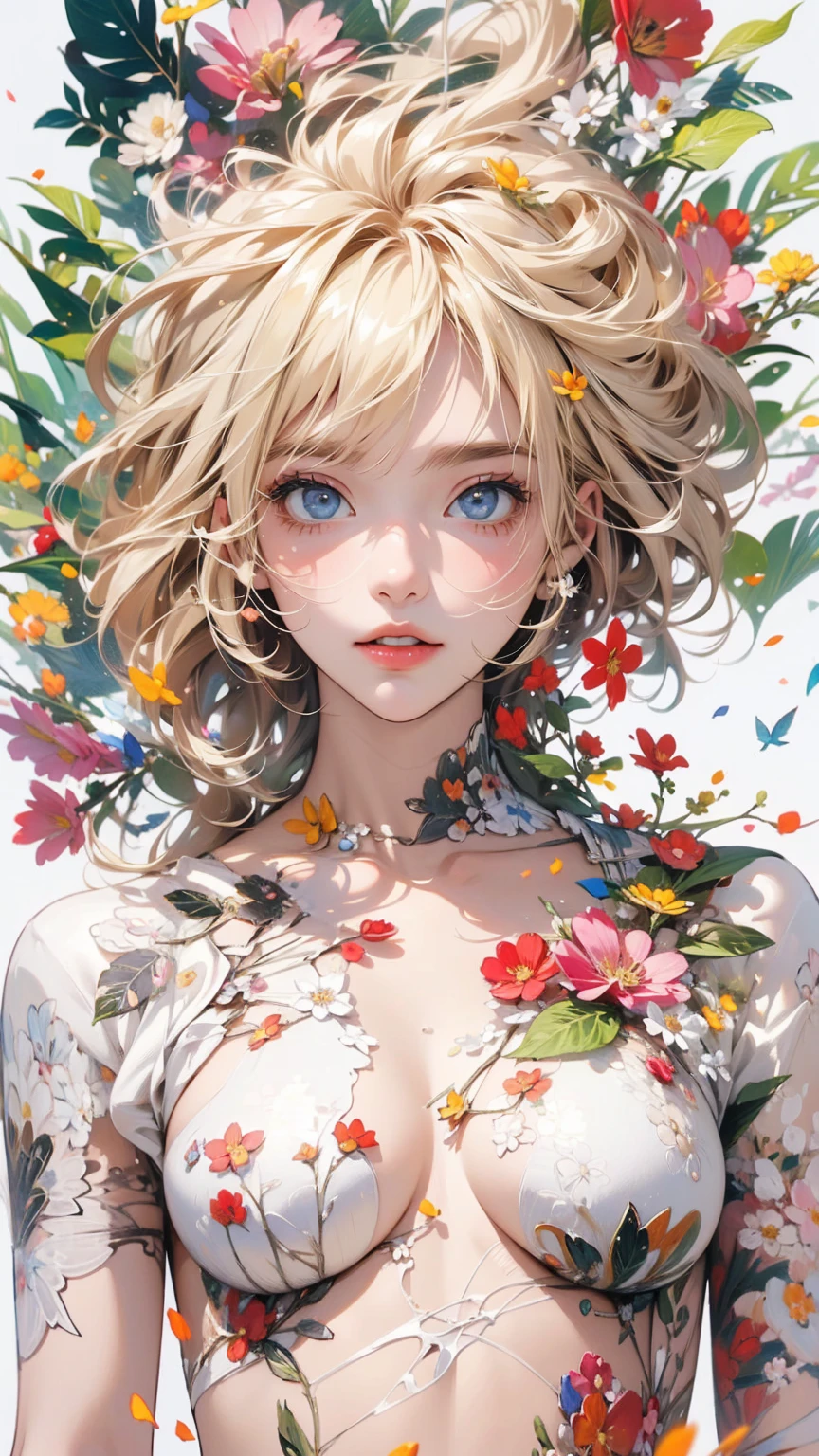 (masterpiece, High resolution, highest quality), Composition from head to thighs:1.3, Upper body focus, 20-year-old woman, Blonde Hair, Disorganized, Collage of nude and petals, abstract design, artistic juxtapositions, White background, mixed-media approach, Anime Style, simple lines, Digital Painting,