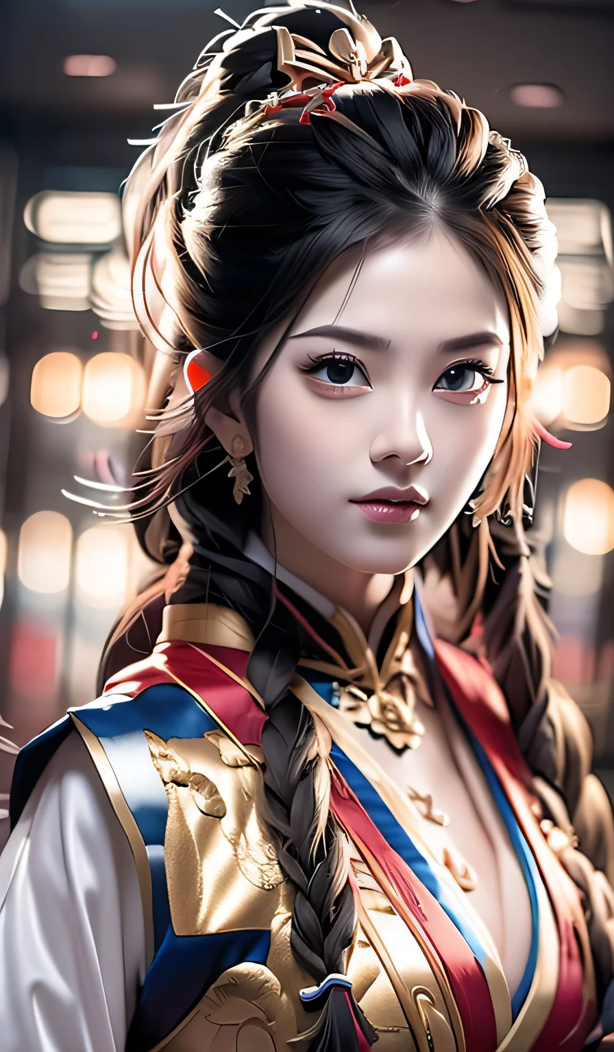top-quality、​masterpiece、hight resolution、Wuxi 1girl、Gold cheongsam、((Super beautiful face))、Super beautiful eyes、Super beautiful hair、cleavage of the breast、exposed breast、Sexy cleavage、very highly detailed breasts、(((fullbody shot))), 