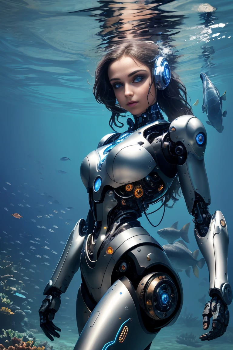 Cyborg girl - a unique combination of beauty and technology. Her prosthetics give her strength and flexibility, allowing you to swim and explore the marine world. Her eyes sparkle with a steely sheen, reflecting determination. She is a symbol of the fusion of man and machine, embodiment of a wonderful future, where technology and humanity complement each other.