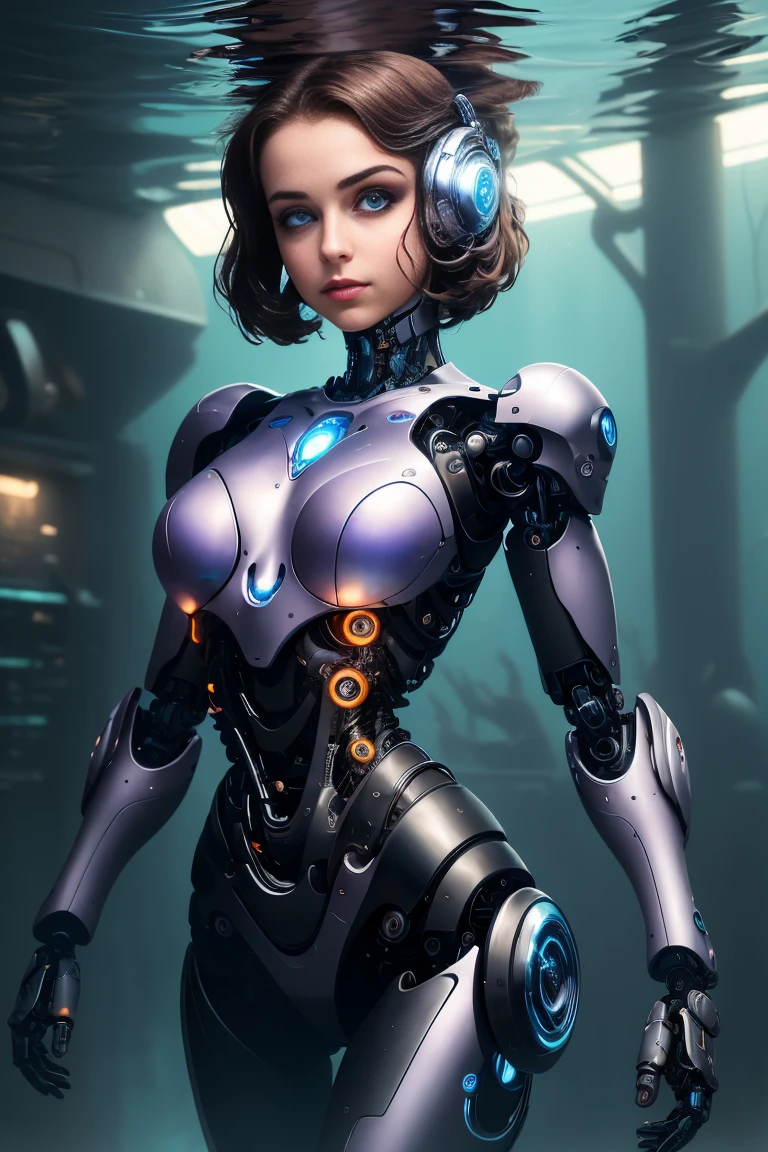 Cyborg girl - a unique combination of beauty and technology. Her prosthetics give her strength and flexibility, allowing you to swim and explore the marine world. Her eyes sparkle with a steely sheen, reflecting determination. She is a symbol of the fusion of man and machine, embodiment of a wonderful future, where technology and humanity complement each other.