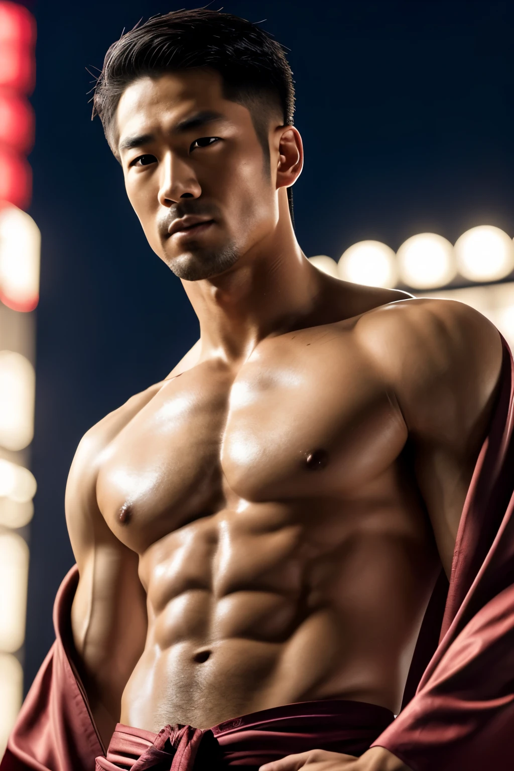 (8K, RAW photo, Highest quality), Realistic, Japanese man, frontage, Intricate details, Closed mouth, Extremely detailed eyes and eyelasheuscular male, Manly,l ooks away, Male focus, Solo, Open the transparent robe，Exposing the pectoral muscles，Exposing abs, full bodyesbian, Night sky, Soft lighting, Cinematic lighting, Portrait, Close-up, Lovingly