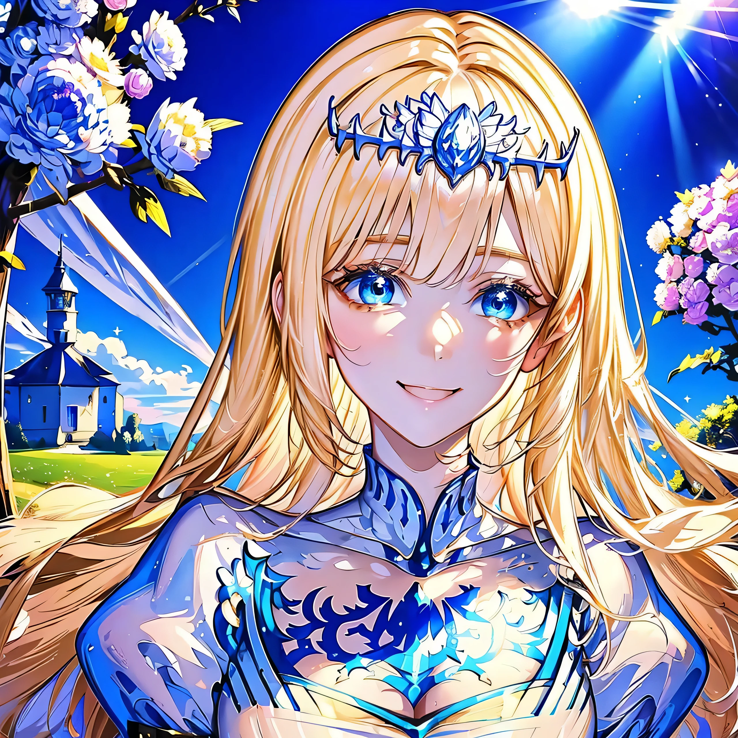 (Best Quality, Masterpiece, High Resolution), 1angel,, blue eyes, wearing tiara, ), stunning, cute, heartwarming smile, beautiful aster flower garden, gazebo, castle, mesmerizing sunlight, good proportion, detailed face, detailed accessories, symmetry, novel cover, close up, Calca, blonde hair, extremely long hair, white tiara, white dress, blue eyes, medium breasts, two angel wings, large white wings.