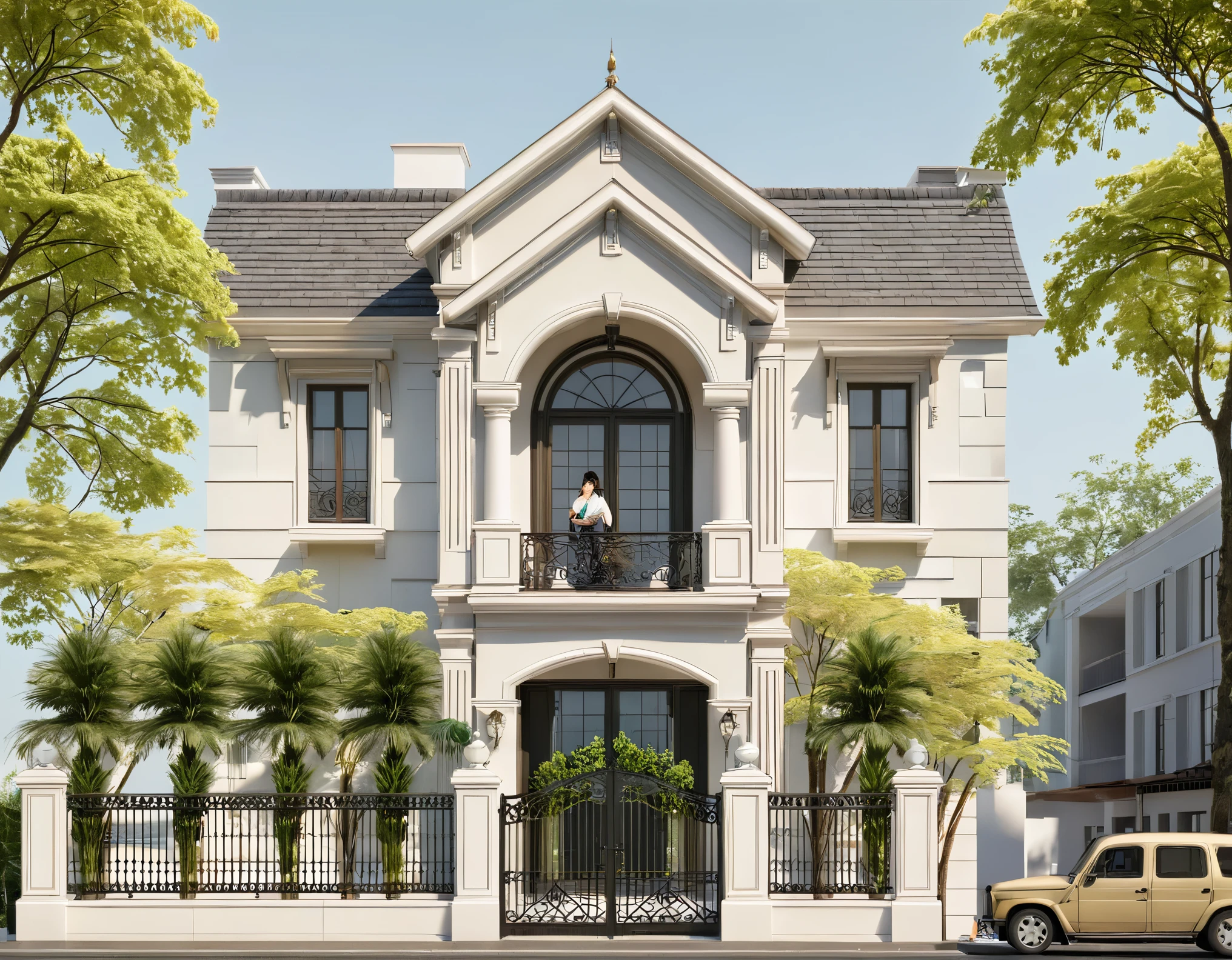 rendering of a townhouse with a roof and a balcony, gate, frontview, front elevation view, ((neo - classical style)) neoclassic, classic, Classic Style House ,street elevation, an architectural, front perspective, architectural illustration, exterior design, residential, front elevation, overall architectural design, elevation view, front view dramatic, rendering, front-view, architectural, 2 d render, detailed renderings, sidewalk, sidewalk trees, plants and trees, cars, street, bustling city, residential neighborhood
Raw photo, realistic, natural light, daylight, clear sky, sunny cinematic, film grain, 8k uhd, wide angle view, 50mm focal length