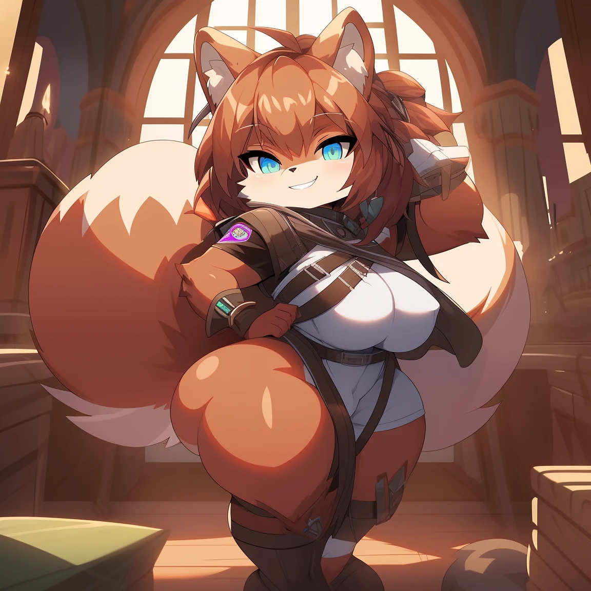 Best quality, Super detailed illustration, (fluffy squirrel girl:1.4), solo, female, feminine face and body, disheveled thick hair, adventurer equipment, bottomless, smug smile, half-closed eyes, muscular, tomboy, wide hips, thicc, shortstack, hourglass figure, huge breasts, huge butt, DND style