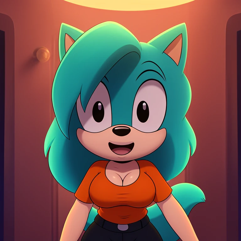 (mobian), solo, 1girl, (mobian cat, (turquoise body fur), black eyes, whiskers, bob haircut, medium breasts, cleavage, tall girl, long tail, white belly fur, open mouth, wide eyes, excited, playful, face focus, orange shirt, orange t-shirt, black trackpants, close up, pov, masterpiece, best quality, ultra-detailed, cinematic lighting, beautiful lighting, detailed background