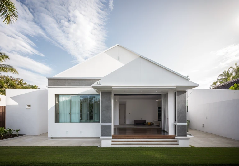 house exterior contemporary style, modernism, glass doors and windows, masterpiece, highquality, realistic photo, canon eos 5D mark, natural light, Modern garden house with traditional Vietnamese style, architecture, exterior, lots of greenery, sun during the day, beautiful sky, real photo, tiled roof, white walls,
