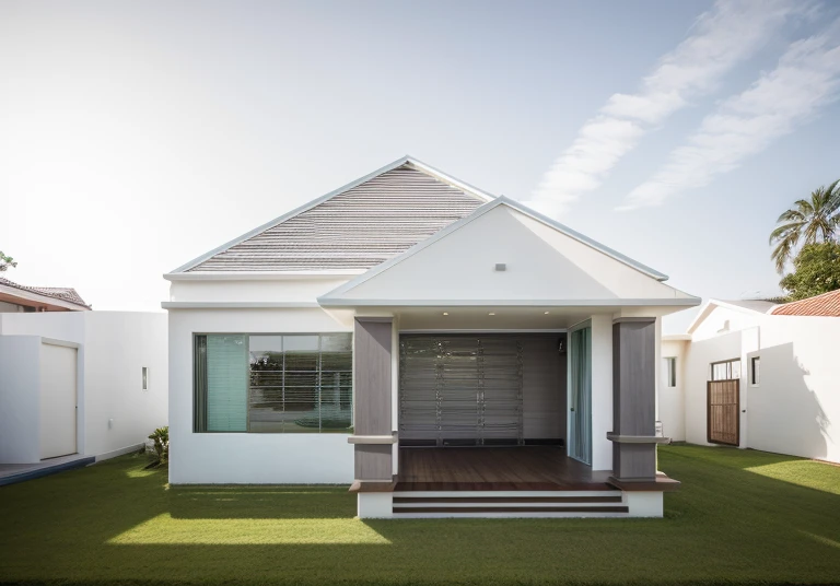 house exterior contemporary style, modernism, glass doors and windows, masterpiece, highquality, realistic photo, canon eos 5D mark, natural light, Modern garden house with traditional Vietnamese style, architecture, exterior, lots of greenery, sun during the day, beautiful sky, real photo, tiled roof, white walls,
