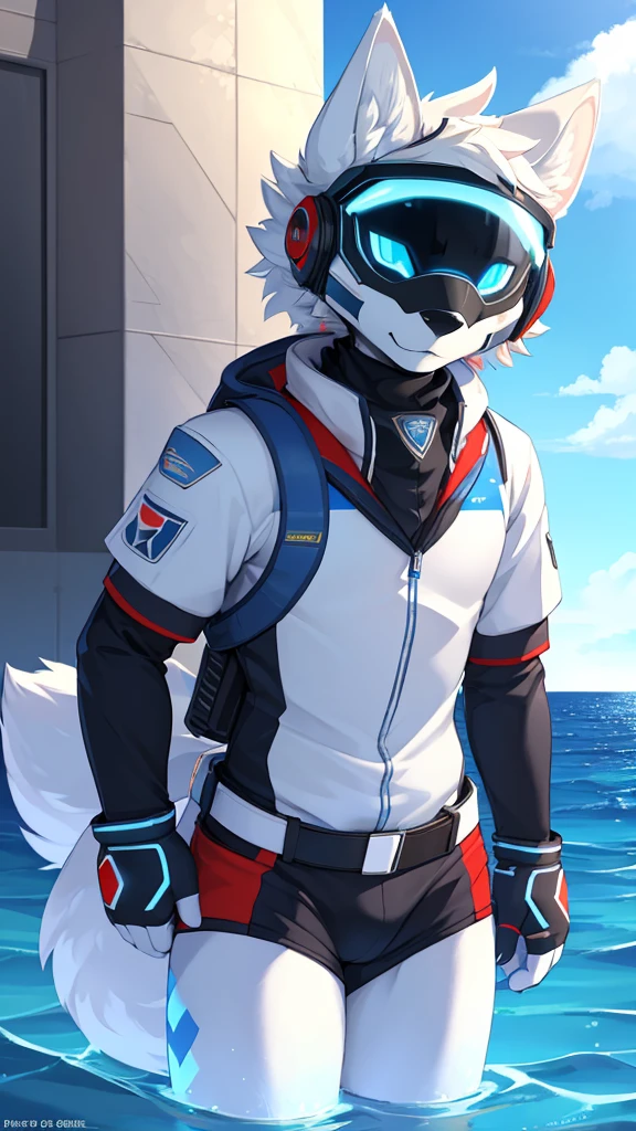 ((best quality, Masterpiece, perfect anatomy, Detailed pictures)), 1 man, arctic protogen, arctic white wolf, Long visor, blue visor, blue eyes, Big Pong, Future military clothing, fluffy tail, red red, shy, in the sea, front view