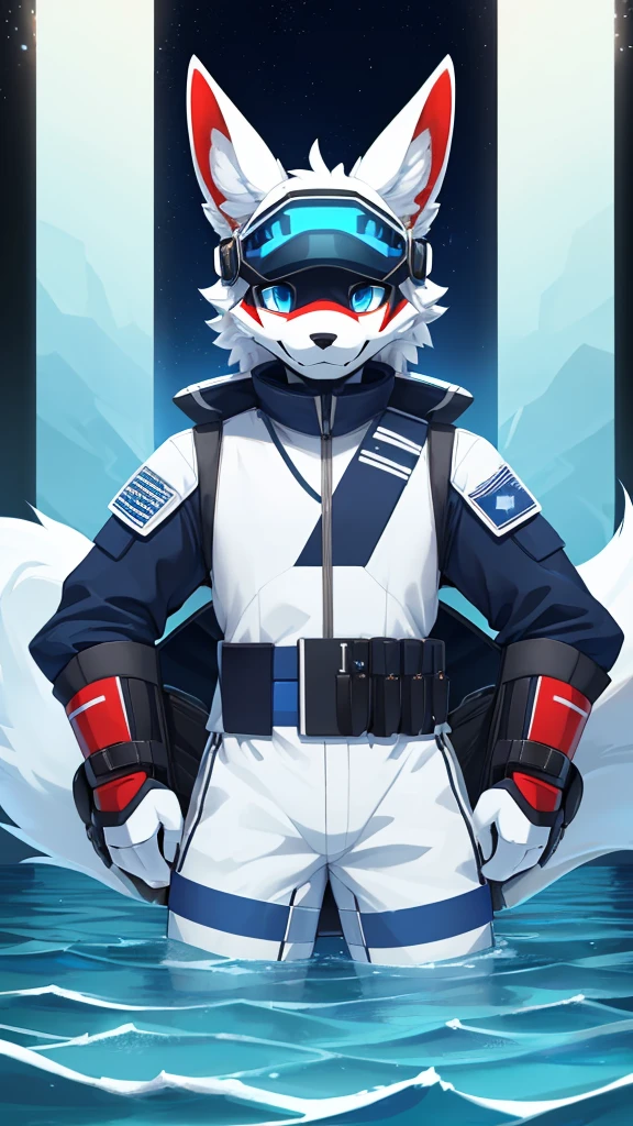 ((best quality, Masterpiece, perfect anatomy, Detailed pictures)), 1 man, arctic protogen, arctic white wolf, Long visor, blue visor, blue eyes, Big Pong, Future military clothing, fluffy tail, red red, shy, in the sea, front view