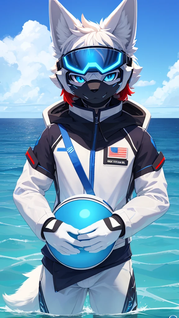 ((best quality, Masterpiece, perfect anatomy, Detailed pictures)), 1 man, arctic protogen,  arctic white wolf, Long visor, blue visor, blue eyes, Big Pong, Future military clothing, fluffy tail, red red, shy, in the sea, front view