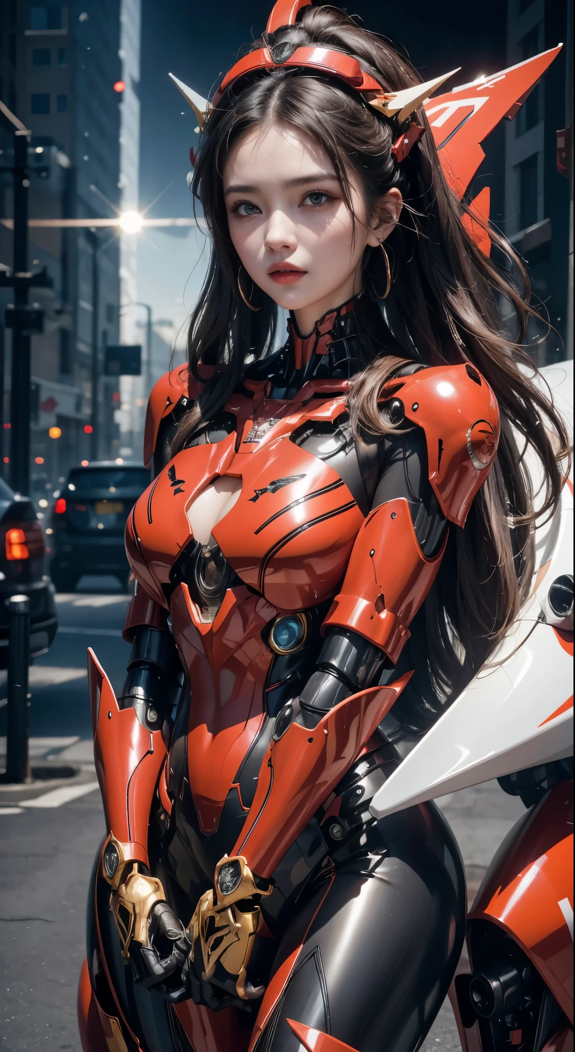 In this captivating image, a girl of extraordinary beauty and finesse is depicted in the highest image quality, boasting outstanding details that leave audiences in awe. With ultra-high resolution, every line and contour of her form is brought to life, immersing viewers into the scene. The realism of the illustration is amplified to 1.4, favoring every intricate detail that adorns her figure.
The girl dons a red and black mecha suit, its metallic surfaces shimmering with precision and detail. Atop her head sits a sleek and formidable mecha helmet, its visor reflecting the futuristic cityscape behind her. She confidently gri
