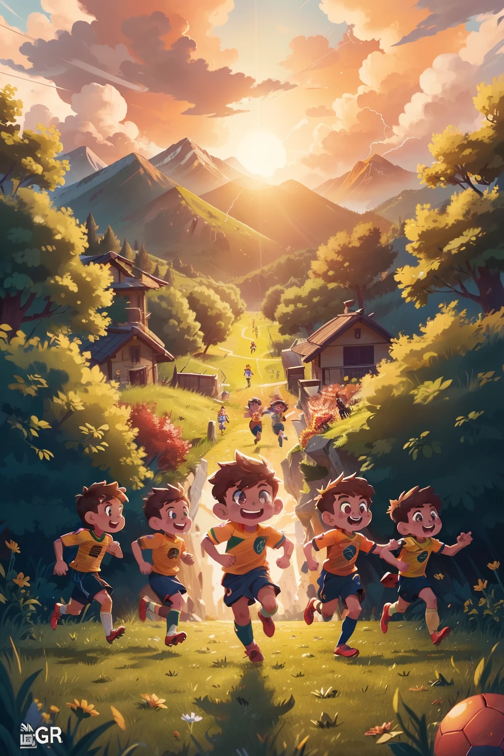 Title: "Run, Boys - Blooming the Beauty of Football" --s2
A vibrant and dynamic poster inviting young audience to join the world of football. In the foreground, a group of nine energetic boys with short, brown hair and bright, expressive eyes, dressed in the amber-colored shirts of the Brazilian national soccer team, are shown running towards the viewer with determination and joy. The scene is set in a beautiful mountainous landscape bathed in the warm glow of the setting sun.
In the background, a lively and mostly cloudy sky adorned with sharp-edged clouds, red accents, and the occasional flash of lightning, symbolizing the excitement and un