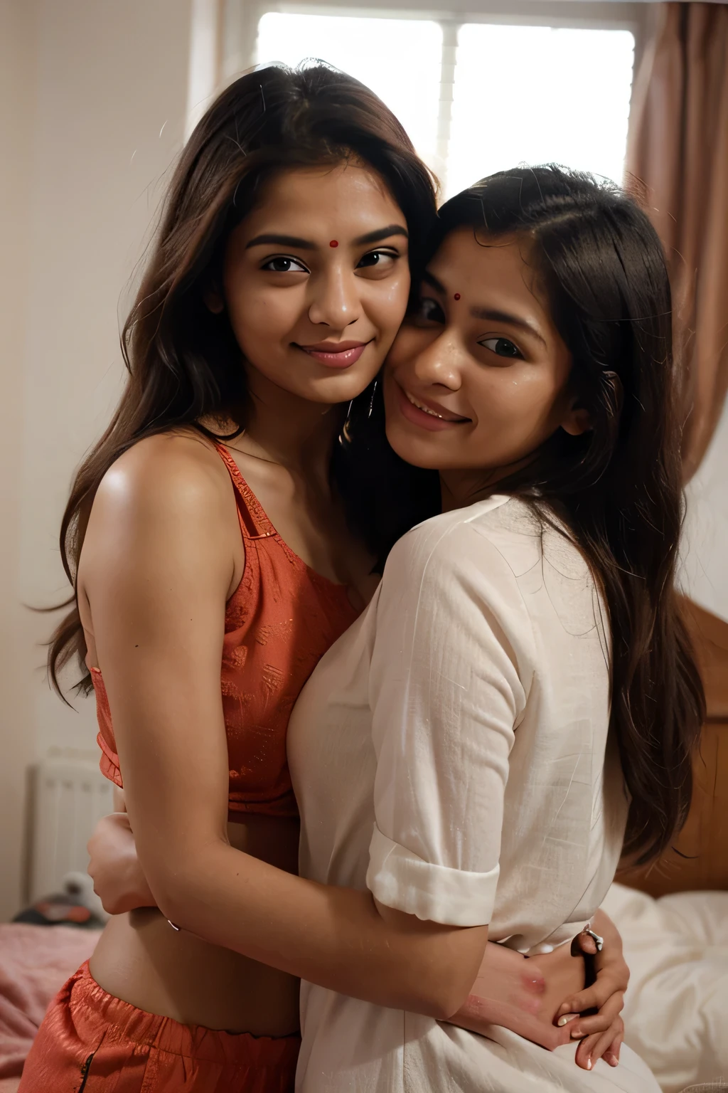 Two women sitting on a bed with one holding the others leg - SeaArt AI