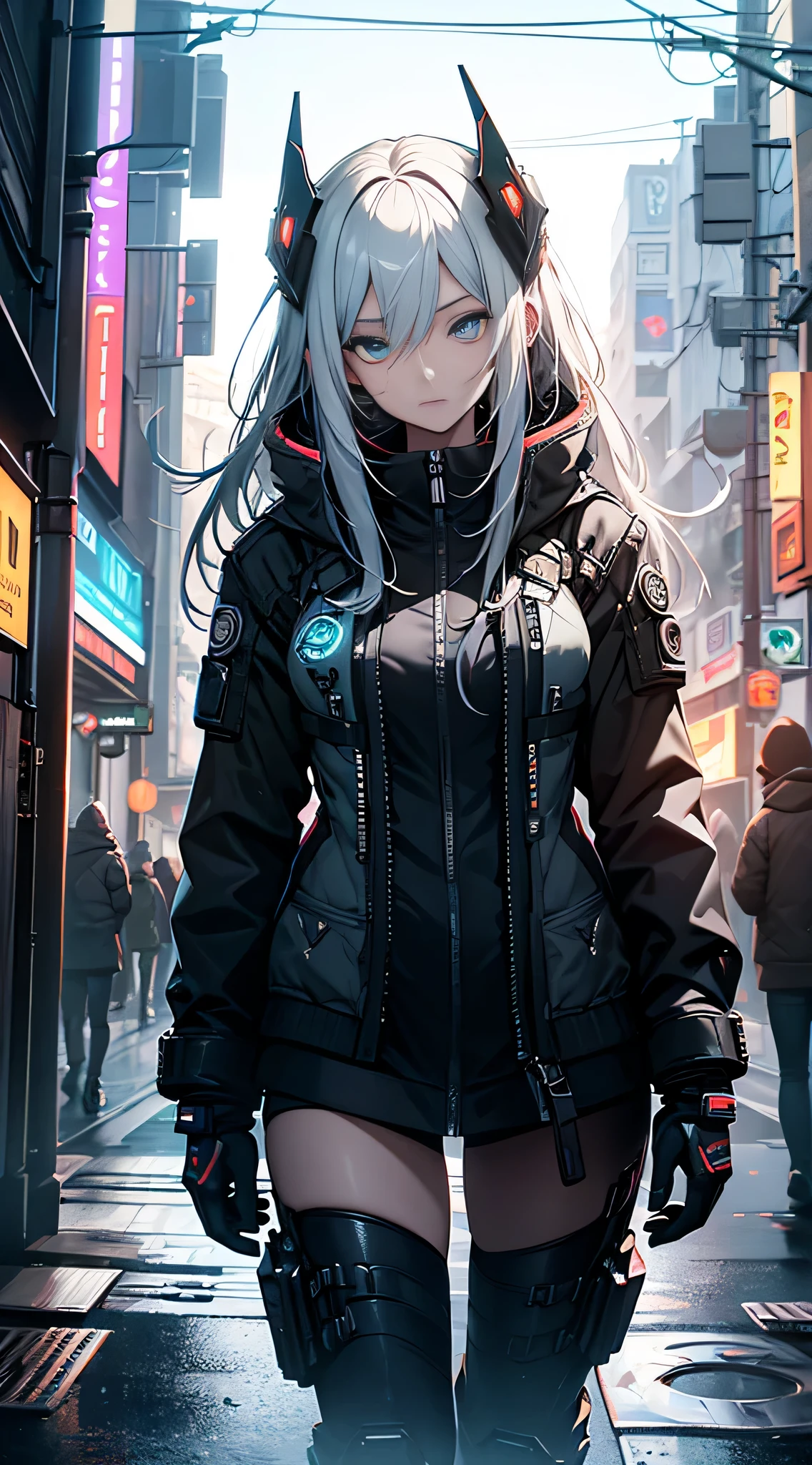 ((best qualtiy)), ((tmasterpiece)), (the detail:1.4), 3D, A beautiful cyberpunk female image,hdr(HighDynamicRange),Ray traching,NVIDIA RTX,Hyper-Resolution,Unreal 5,Subsurface scattering、PBR Texture、post-proces、Anisotropy Filtering、depth of fieldaximum definition and sharpnesany-Layer Textures、Albedo e mapas Speculares、Surface coloring、Accurate simulation of light-material interactions、perfectly proportions、rendering by octane、Two-colored light、largeaperture、Low ISO、White balance、the rule of thirds、8K raw data、Kizi,(Indifferent expression),(Glowing blue eyes:1.331),grey long hair,(Cyberpunk Style),Panorama close-up,City,nighttime scene,neonlight,(the motorcycle),(Ride),Long flowing hair,