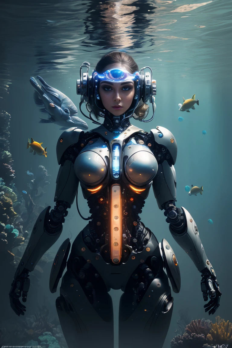 (best quality, 4k, 8k, highres, masterpiece:1.2), ultra-detailed, (realistic, photorealistic, photo-realistic:1.37), cyborg girl, beautiful detailed eyes, beautiful detailed lips, extremely detailed eyes and face, longeyelashes, strong and flexible prosthetics, unique combination of beauty and technology, aquatic environment, underwater exploration, sparkling steely eyes, determination, cybernetic enhancements, merging of man and machine, wonderful future, technology and humanity complement each other, swimming in the marine world,vivid colors, glowing underwater flora and fauna, seamless integration, powerful underwater propulsion, futuristic setting, harmony between organic and mechanical, marvelous future, exploration and adventure.