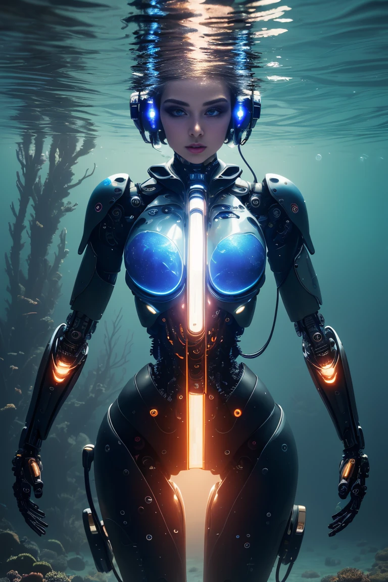 (best quality, 4k, 8k, highres, masterpiece:1.2), ultra-detailed, (realistic, photorealistic, photo-realistic:1.37), cyborg girl, beautiful detailed eyes, beautiful detailed lips, extremely detailed eyes and face, longeyelashes, strong and flexible prosthetics, unique combination of beauty and technology, aquatic environment, underwater exploration, sparkling steely eyes, determination, cybernetic enhancements, merging of man and machine, wonderful future, technology and humanity complement each other, swimming in the marine world,vivid colors, glowing underwater flora and fauna, seamless integration, powerful underwater propulsion, futuristic setting, harmony between organic and mechanical, marvelous future, exploration and adventure.
