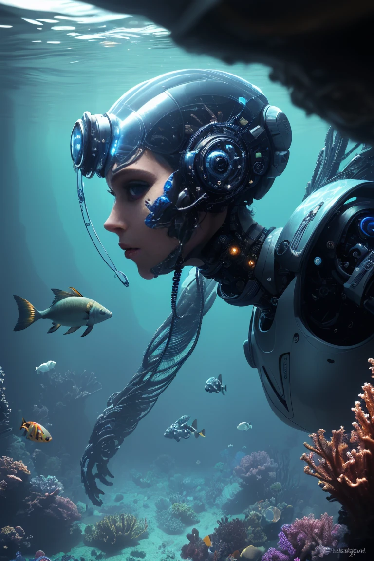 (best quality, 4k, 8k, highres, masterpiece:1.2), ultra-detailed, (realistic, photorealistic, photo-realistic:1.37), cyborg girl, beautiful detailed eyes, beautiful detailed lips, extremely detailed eyes and face, longeyelashes, strong and flexible prosthetics, unique combination of beauty and technology, aquatic environment, underwater exploration, sparkling steely eyes, determination, cybernetic enhancements, merging of man and machine, wonderful future, technology and humanity complement each other, swimming in the marine world,vivid colors, glowing underwater flora and fauna, seamless integration, powerful underwater propulsion, futuristic setting, harmony between organic and mechanical, marvelous future, exploration and adventure.