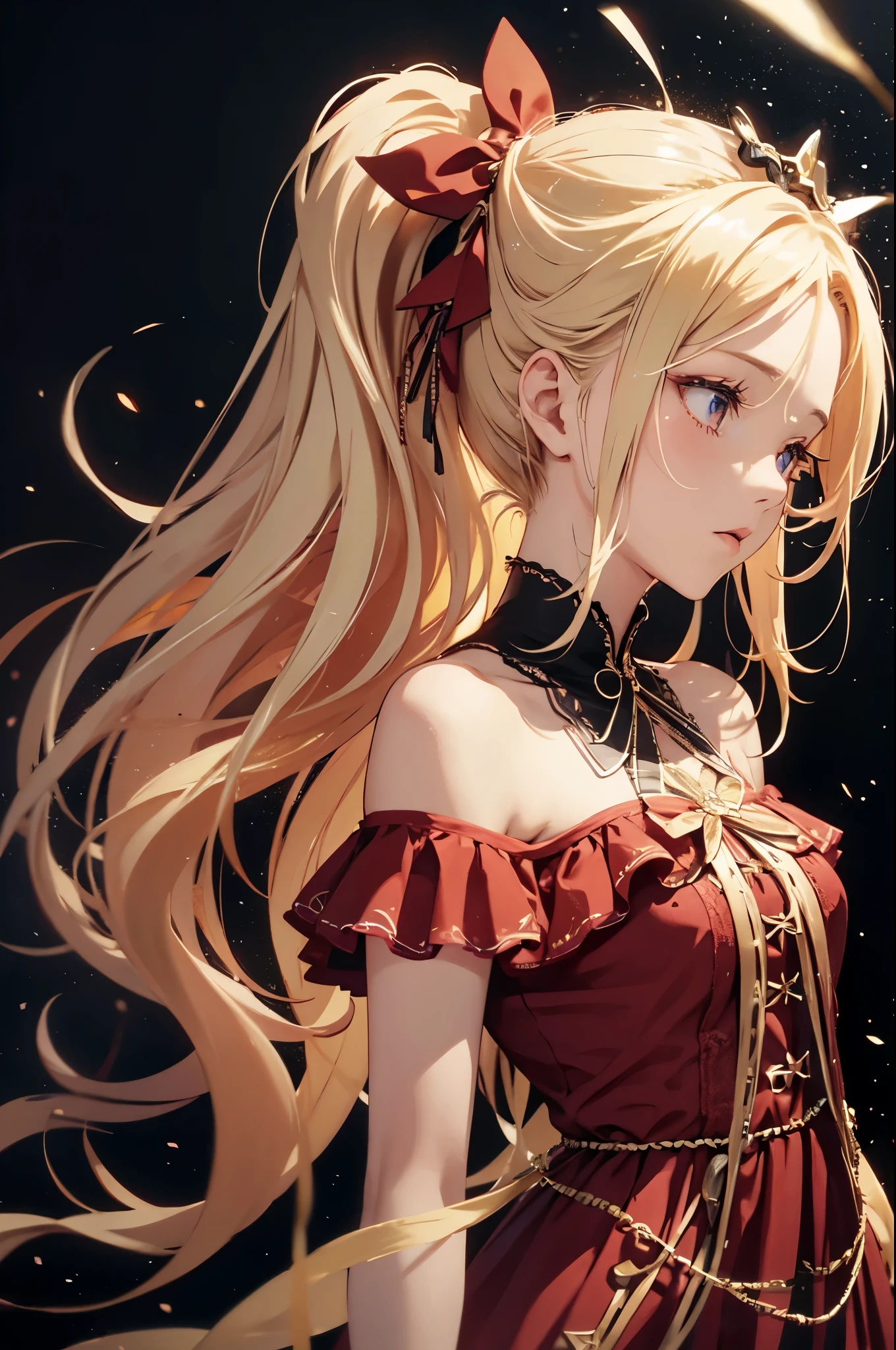 light particles, soft lighting, volumetric lighting, intricate details, finely detailed, backlighting,
1girl, solo, standing, upper body, crossed arms,
blonde hair, long hair, high ponytail, hair intakes, sidelocks, red bow,
red eyes, looking at viewer, tsurime, half-closed eyes,
red dress, off shoulder, bare arms, gloves,
black background, simple background,