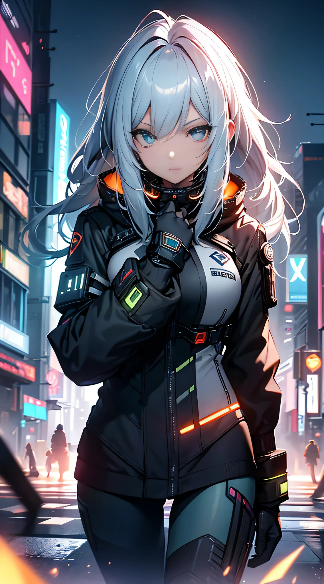 ((best qualtiy)), ((tmasterpiece)), (the detail:1.4), 3D, A beautiful cyberpunk female image,hdr(HighDynamicRange),Ray traching,NVIDIA RTX,Hyper-Resolution,Unreal 5,Subsurface scattering、PBR Texture、post-proces、Anisotropy Filtering、depth of fieldaximum definition and sharpnesany-Layer Textures、Albedo e mapas Speculares、Surface coloring、Accurate simulation of light-material interactions、perfectly proportions、rendering by octane、Two-colored light、largeaperture、Low ISO、White balance、the rule of thirds、8K raw data、Kizi,(Indifferent expression),(Glowing blue eyes:1.331),grey long hair,(Cyberpunk Style),Panorama close-up,City,nighttime scene,neonlight,(the motorcycle),(Ride),Long flowing hair,