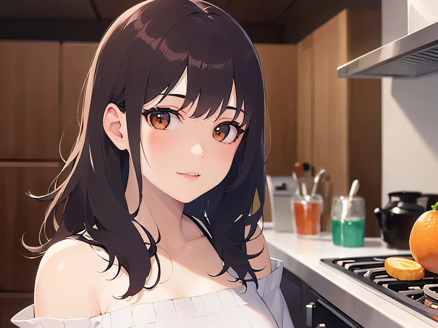 look back、Upper Body, Realistic, real person, (pale skin: 1.2), RAW photo, photorealistic, portrait photography, shiny skin, shiny hair、(25 year old woman with medium hair with bangs) and (wavy hair) and (brown hair) and (orange eyes), (white) and (Off-the-shoulder blouse)skirt、smile, The background is the kitchen、Alone、cooking
