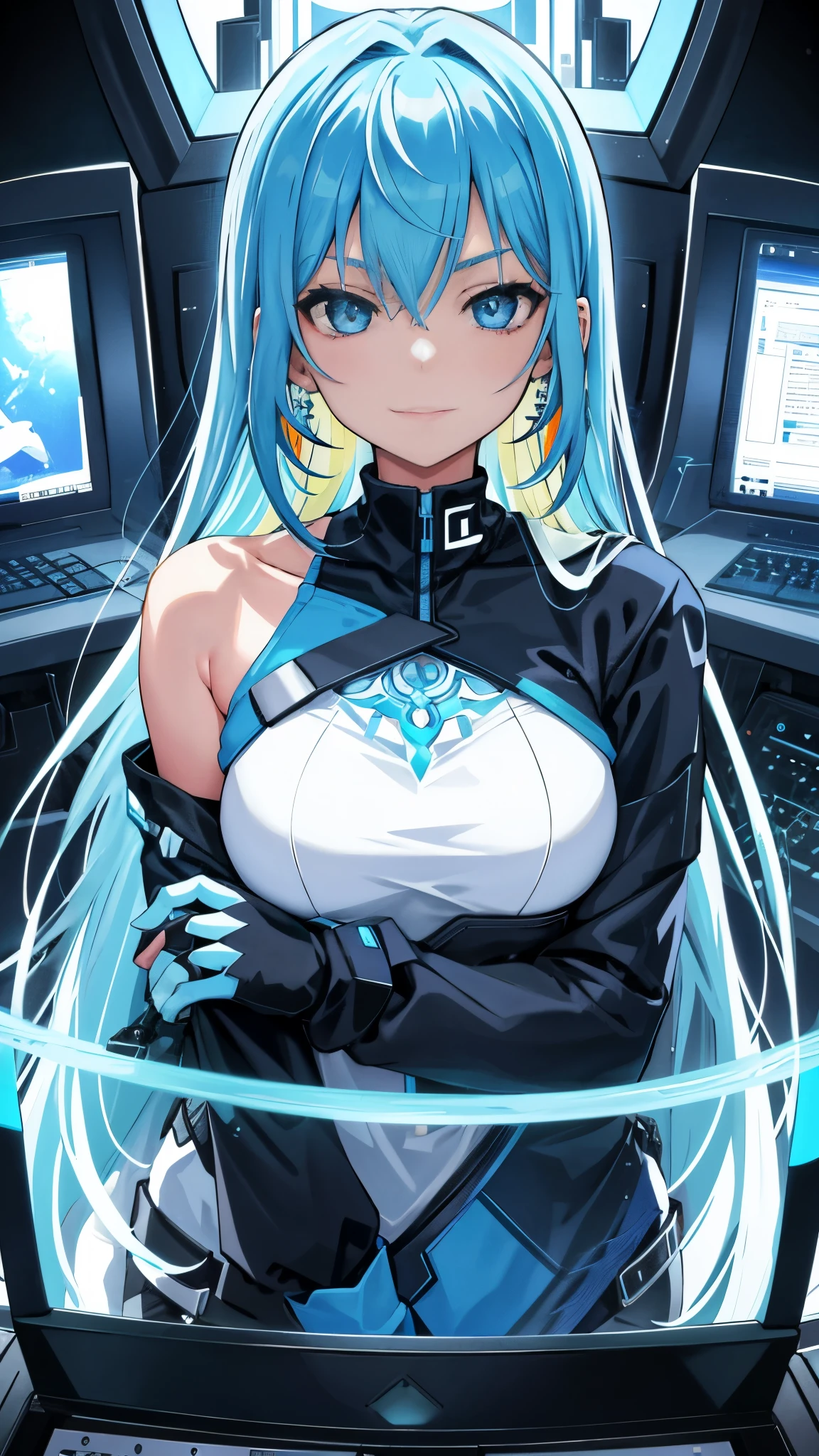 In the tranquil expanse of a white background, a solitary figure named Mika Pikazo is engrossed in her digital world. Her piercing blue eyes are fixated on the screen of her computer, surrounded by the gentle glow of a monitor. Her multicolored hair, reminiscent of a rainbow, cascades down her shoulders in waves, framing her face as she leans in closer to her keyboard. The comforting warmth of a blue hoodie draped over her slender frame adds an inviting touch to the scene. Earrings adorned with intricate designs glint in the light, adding a touch of personal flair to her appearance.

As she types