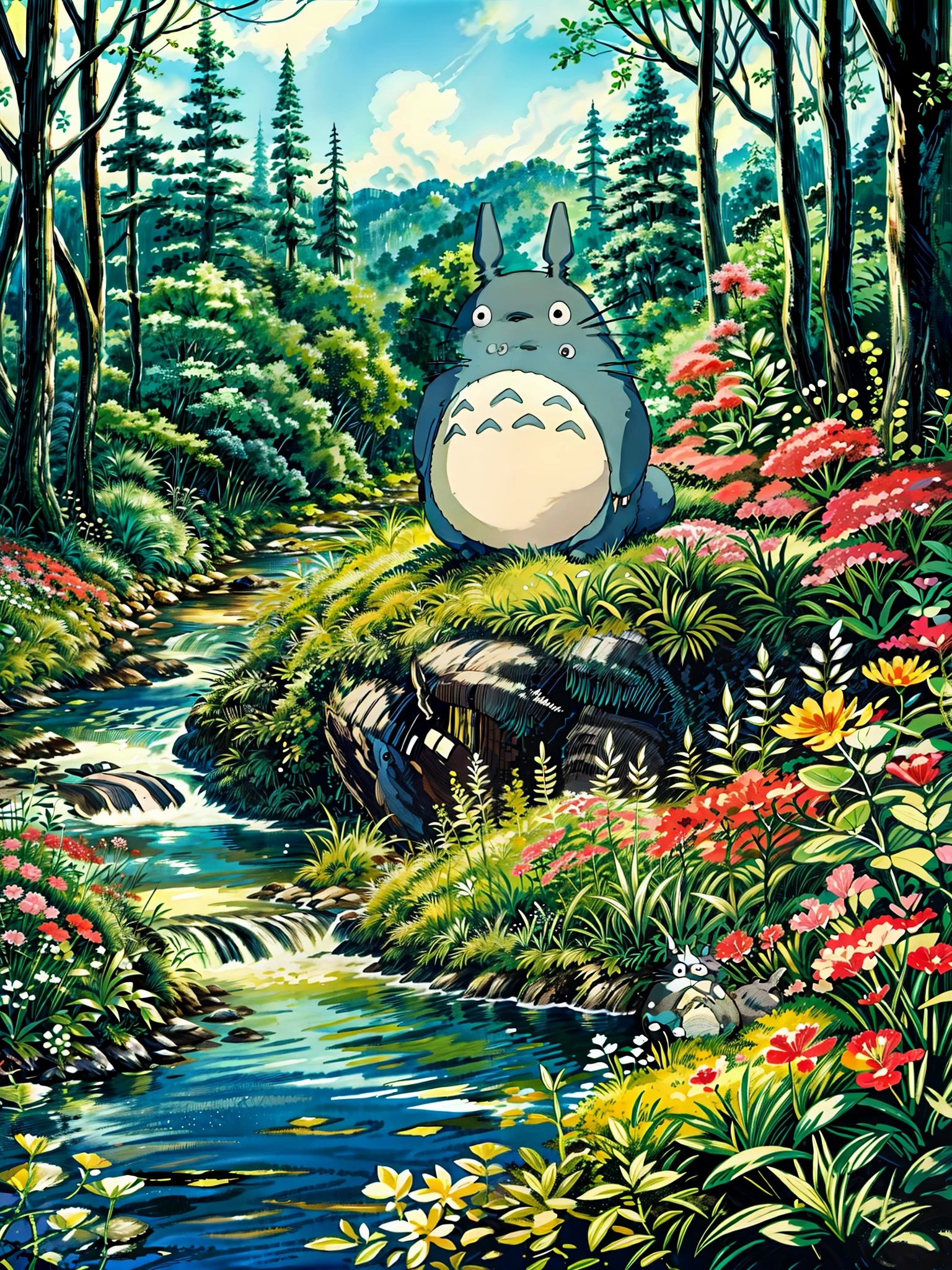 a painting of a totoro sitting near the river, flowers, multicolored flowers, my neighbor totoro, totoro from my neighbor totoro, hayao miyazaki\'s movies, onstudio ghibli, ghibli studio style, of totoro, style of studio ghibli, moody :: studio ghibli, totoro sitting in a forest, studio ghibli filter, totoro, cinematic studio ghibli still