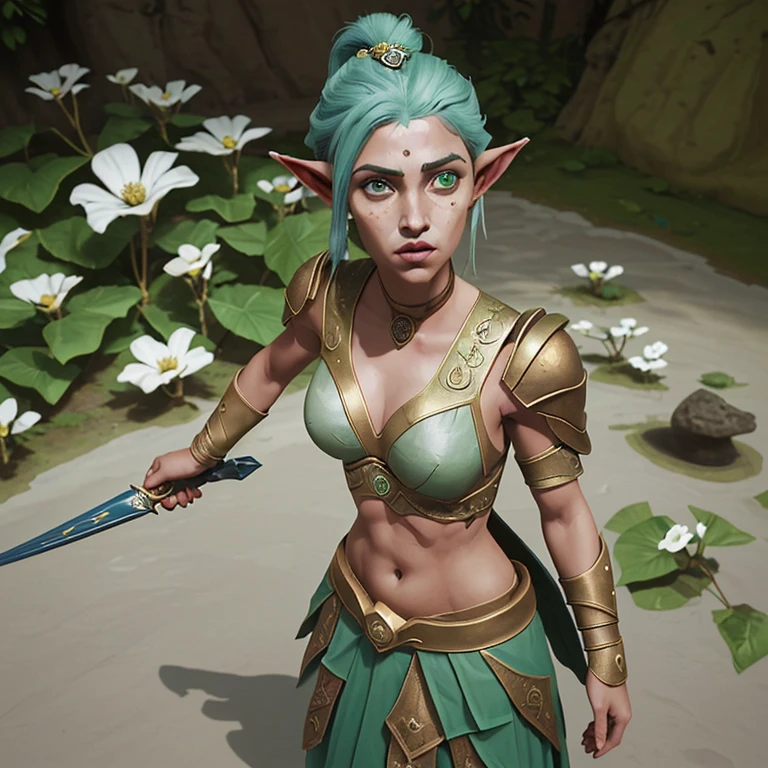 Warrior female elf, mulher esbelta, de pele branca com sardas no rosto, longos cabelos cor de bronze todo florido e olhos verdes. Traja no seu torso uma meia armadura dourada e azul, with flower patterns in shades of green. No seu ombro esquerdo uma ombreira em forma de flor com uma gema amarela no seu centro. Nas pernas, uma saia branca com tons de dourado e uma guarda de cintura prateado. Carrega na sua cintura uma espada longa de prata