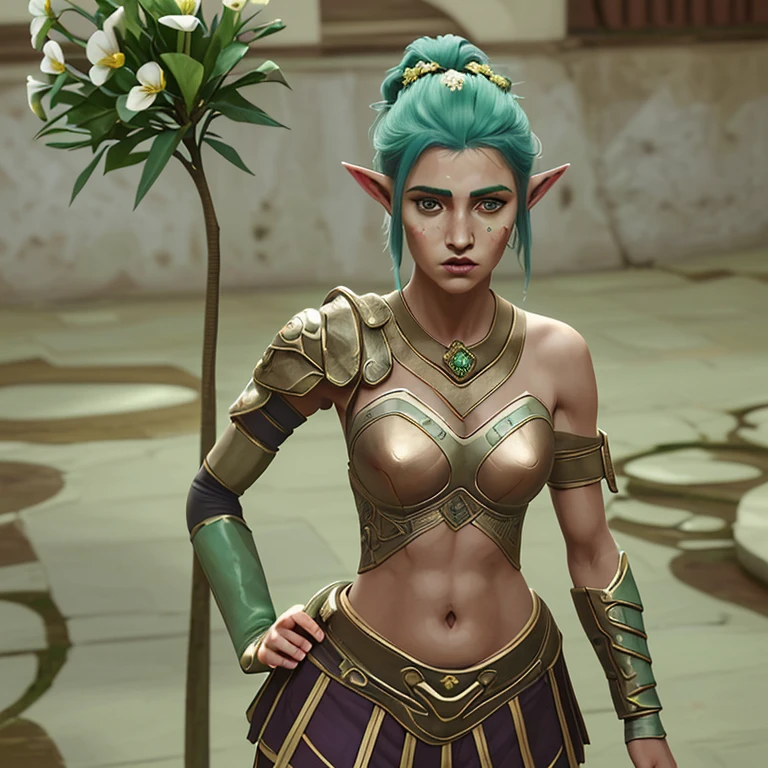 Warrior female elf, mulher esbelta, de pele branca com sardas no rosto, longos cabelos cor de bronze todo florido e olhos verdes. Traja no seu torso uma meia armadura dourada e azul, with flower patterns in shades of green. No seu ombro esquerdo uma ombreira em forma de flor com uma gema amarela no seu centro. Nas pernas, uma saia branca com tons de dourado e uma guarda de cintura prateado. Carrega na sua cintura uma espada longa de prata