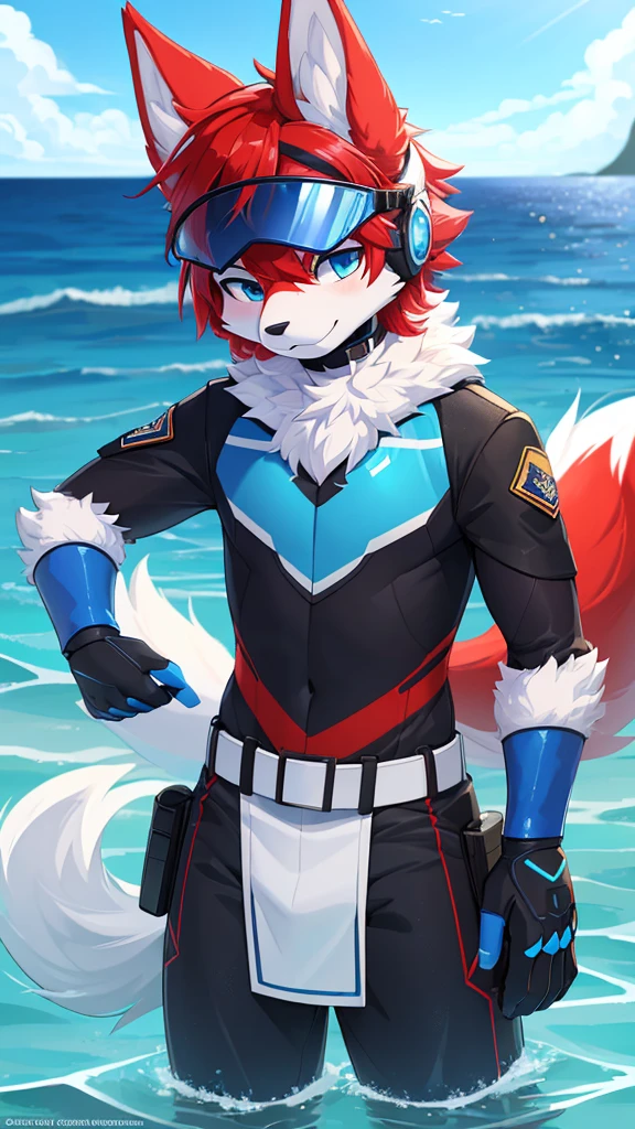 varsity jacket, devil may cry, white hair, slick back, yellow eyes, detailed, realistic, dynamic pose, facing viewer, manokit, red fur, gold sunglasses on forehead, high quality, highest quality, by zackary911, by chunie, by braeburned, red and white shark tail, bottomless, red and white varsity jacket, no undershirt, toned chest, white chest, slim, gold sunglasses