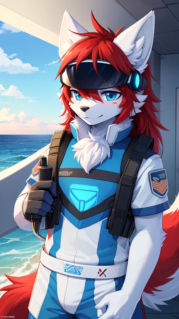 ((best quality, Masterpiece, perfect anatomy, Detailed pictures)), 1 man, arctic protogen, arctic white wolf, Long visor, blue visor, blue eyes, red hair, Big Pong, Future military clothing, fluffy tail, red red, shy, in the sea, front view