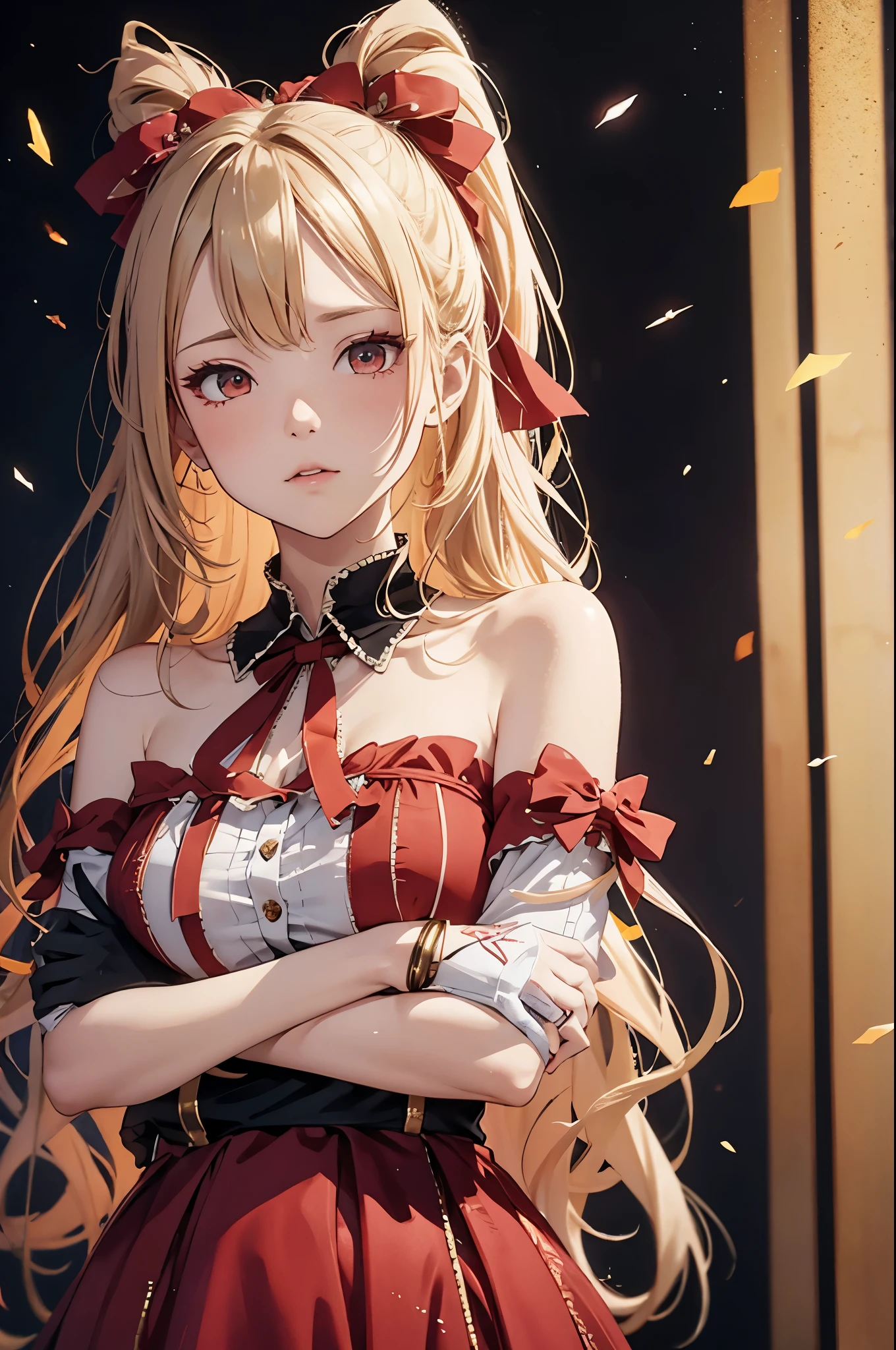 light particles, soft lighting, volumetric lighting, intricate details, finely detailed, backlighting,
1girl, solo, standing, upper body, crossed arms,
blonde hair, long hair, high ponytail, hair intakes, sidelocks, red bow,
red eyes, looking at viewer, tsurime, half-closed eyes,
red dress, off shoulder, bare arms, gloves,
black background, simple background,
