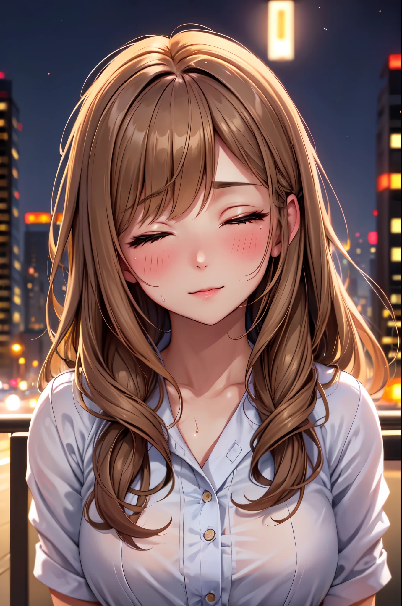(High quality, High resolution, Fine details), (City at night), (kissing faces), Spring Outfit, (solo), curvy adult women, light brown hair, (Close eyes), (blush), Sweat, Oily skin, (Focus on face), (Bokeh), Fantastic, Soft tones, shallow depth of field