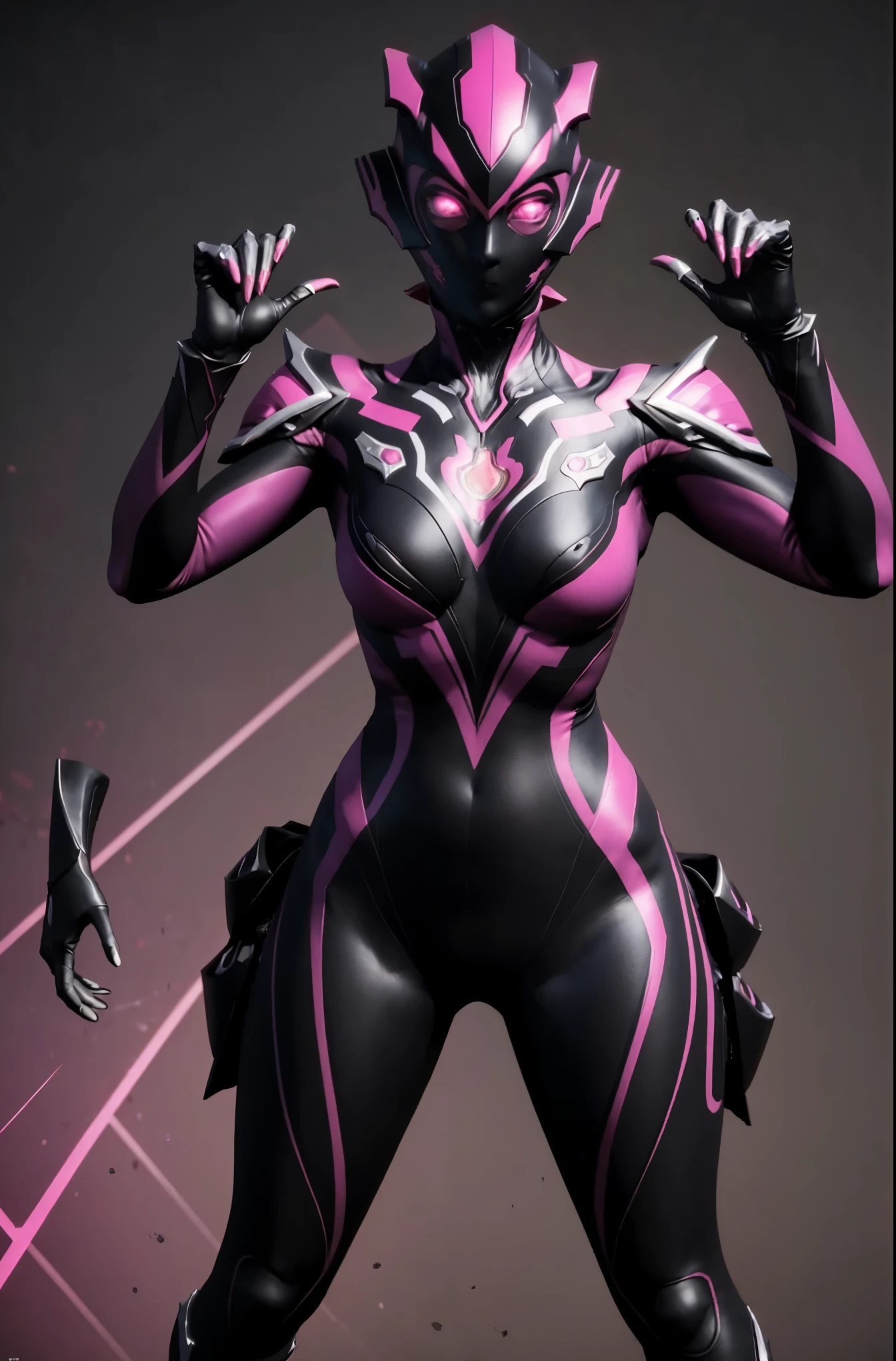 Ultraman Woman. （high quality）（luster）（Black and Pink thema color）（Black helmet. Black mask）women only. The whole body is covered with a black bodysuit. Spike decoration. Pink lines all over the body. purple coloreye. pink glow crystal. pink sharp claw. Place hands next to head. Emphasize the belly button. dark background. 