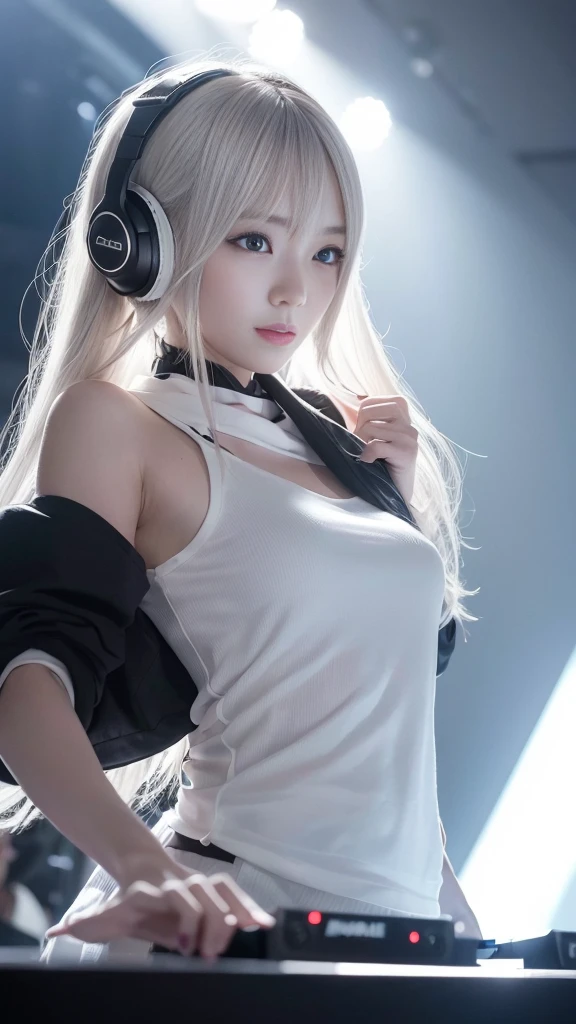 A woman in her fifties wearing headphones at a DJ venue, ((Joyful expression,Fleeting Woman)),Nightcore, With headphones, Kantai Collection Style, Soft lighting, With headphones, DJ women, Anime Moe Art Style,I'm a DJ,((They are very focused:1.5)),,Slim figure,highly detailed eyes and face、Beautiful and fine details,Beautiful skins,In detail、Smooth Hair,Fine hair,very fine hair,Cool Color Makeup,Eyebrows are lowered、Whitening effect,White skin with thin, pale eyebrows,DJs focus on the venue,(Venue situation),((His gaze is fixed on the hall.)),The DJ machine is well-operated